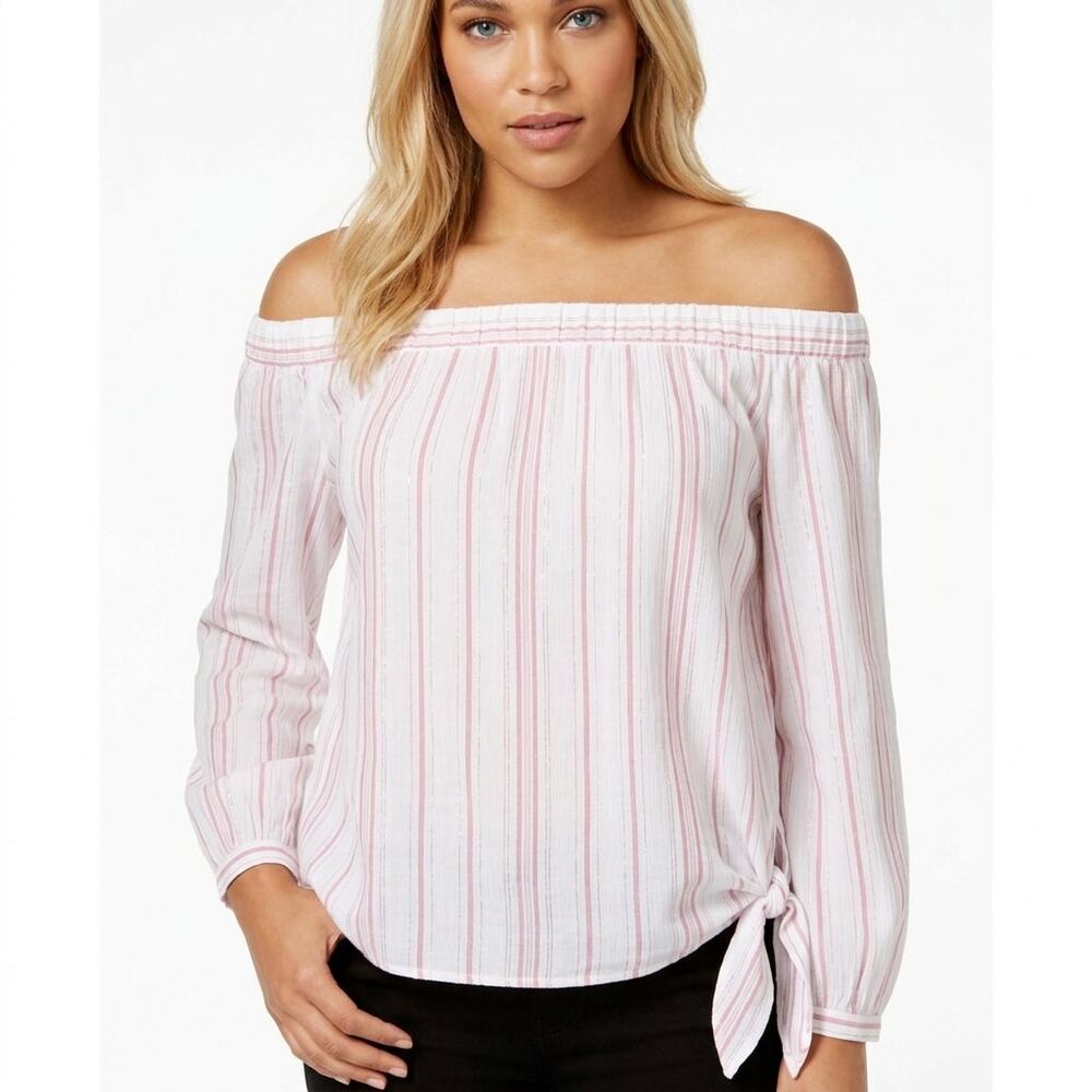 MICHAEL Kors White Striped Off the Shoulder Blouse Women Woven Size L